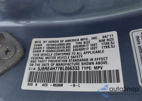 2011 Honda Cr-V Ex-L from USA, damaged, VIN 5J6RE4H77BL066333